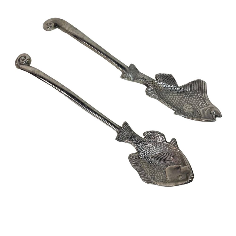 Art Metal Fish Decor Salad Servers Silver Tone Aluminum 13" 2 Piece Serving Set